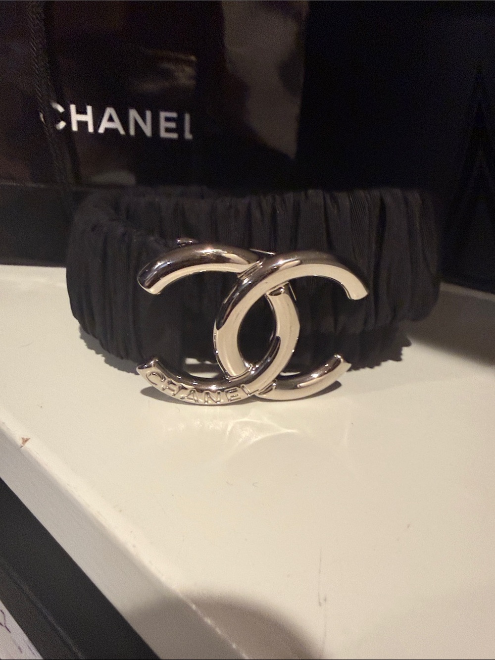 CHANEL Black Elastic Belt with Silver CC Interlock